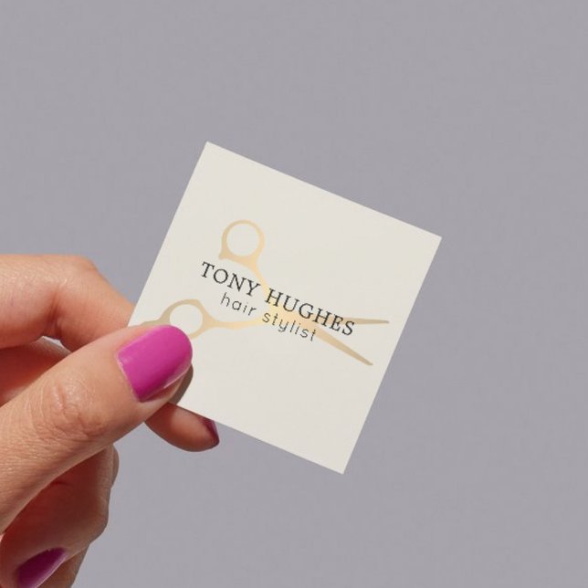 Simple Elegant Old White Gold Scissors Hairstylist Square Business Card (Creator Uploaded)