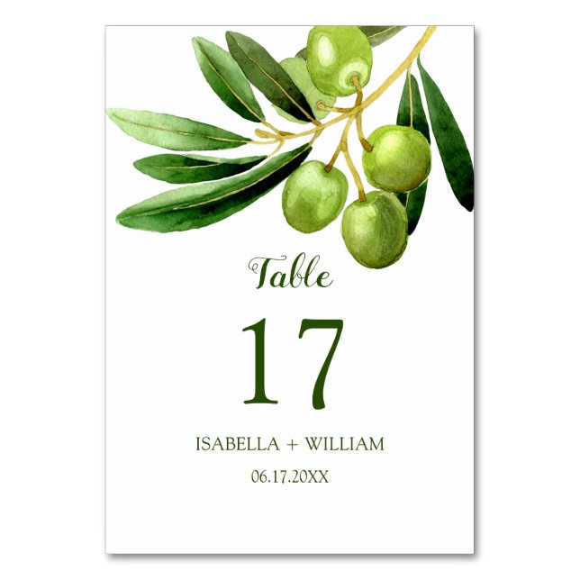 Simple Elegant Olive Boho Summer Garden Wedding Table Number (Front)
