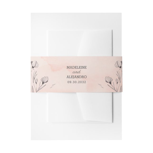 Simple elegant peach pink floral wedding  invitation belly band (Front Example)