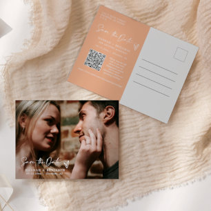 Simple Elegant Peach Save the Date QR Code Photo Postcard