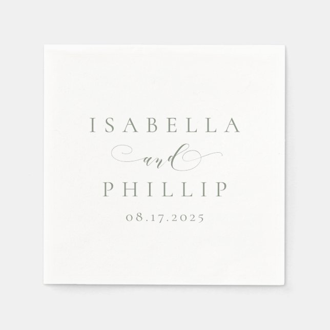 Simple elegant personalised sage green wedding napkin (Front)