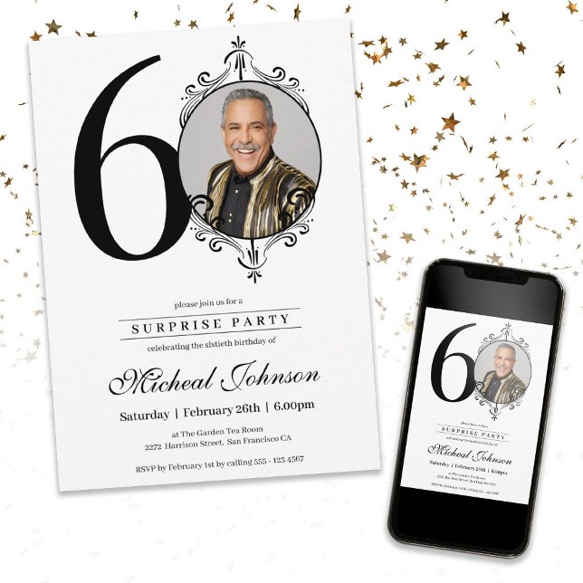 Simple Elegant Photo 60th Birthday Surprise Party  Invitation (Simple Elegant Photo 60th Birthday Surprise Party Invitation)