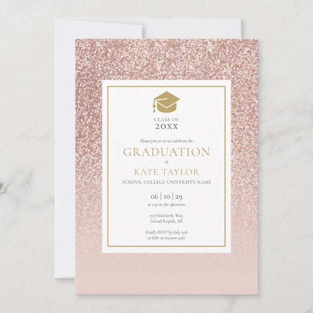Simple Elegant  Photo Graduation Rose Gold Glitter Invitation (Front)
