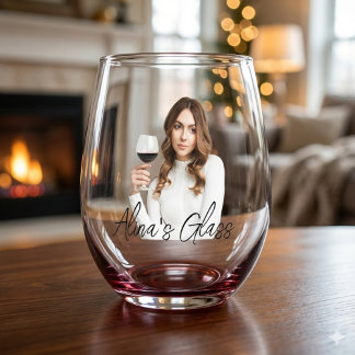 Simple Elegant Photo Name Monogram Gift  Stemless Wine Glass