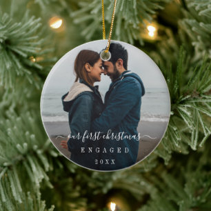 Simple Elegant Photo Our First Christmas Engaged Ceramic Tree Decoration