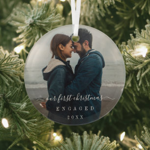Simple Elegant Photo Our First Christmas Engaged Glass Tree Decoration
