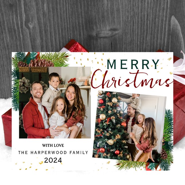  Simple Elegant Pine Tree 2 photo Christmas Family Holiday Card (Creator Uploaded)