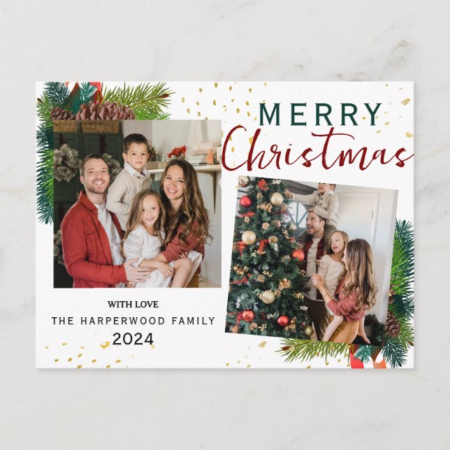  Simple Elegant Pine Tree 2 photo Christmas Family Holiday Postcard (Front)