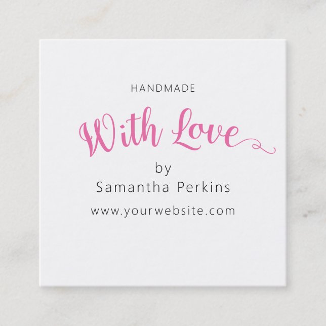 Simple Elegant Pink and White Handmade With Love Square Business Card (Front)