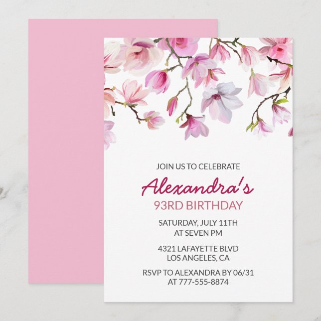 Simple Elegant Pink Boho Watercolor 93rd birthday Invitation (Front/Back)