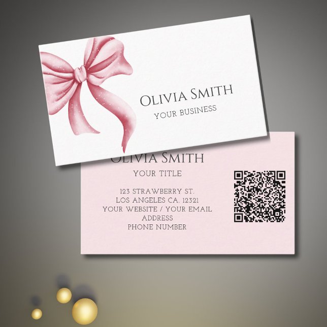 Simple Elegant Pink Bow QR Code Business Card (Creator Uploaded)