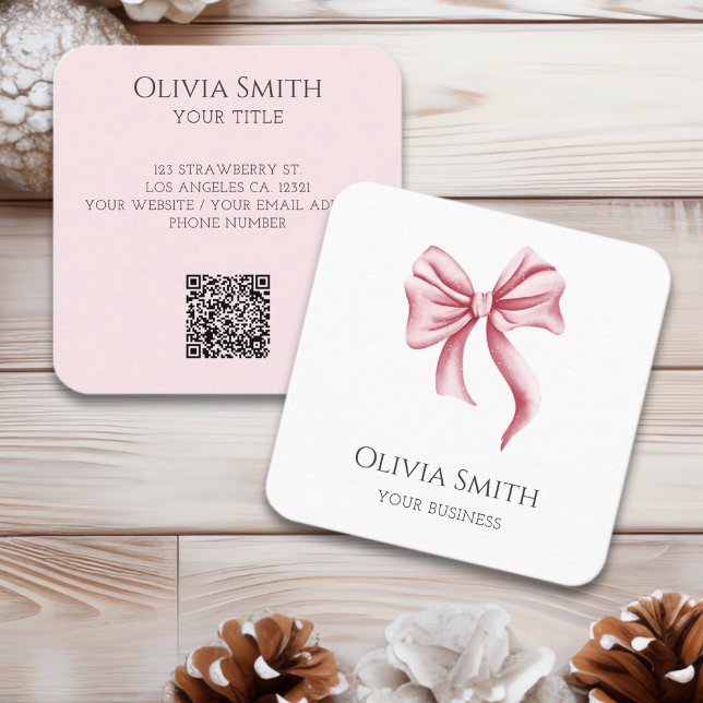 Simple Elegant Pink Bow QR Code Square Business Card (Creator Uploaded)