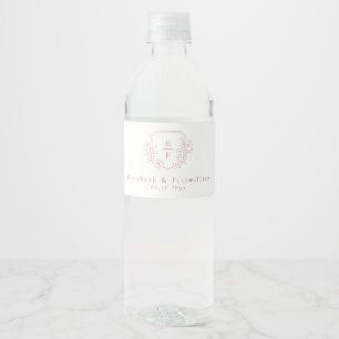 Simple Elegant Pink Cherry Blossom Monogram Crest Water Bottle Label