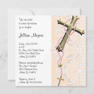 Simple Elegant Pink Cross Baptism/Christening Invitation