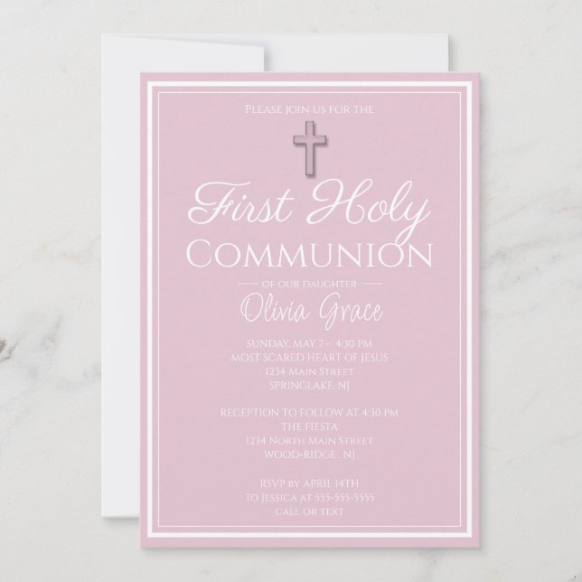 Simple Elegant Pink First Holy Communion Invitation (Front)