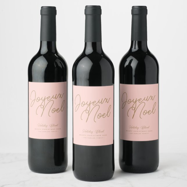 Simple Elegant Pink & Gold Joyeux Noel Christmas Wine Label (Bottles)