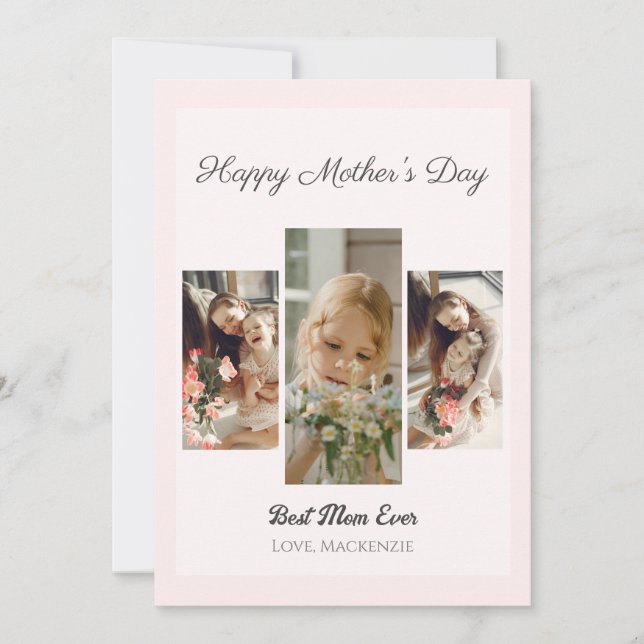 Simple Elegant Pink Happy mothers Day Three photo Holiday Card (Front)
