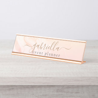 Simple Elegant Pink Peach Marble signature script Desk Name Plate