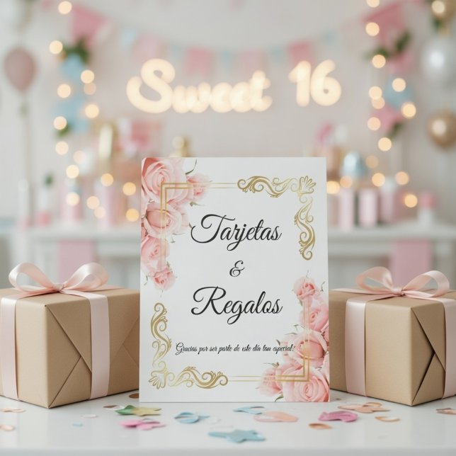 Simple Elegant Pink Rose Gold Floral Quinceañera Pedestal Sign (Creator Uploaded)