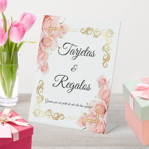 Simple Elegant Pink Rose Gold Floral Quinceañera Pedestal Sign