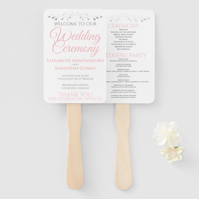 Simple Elegant Pink White &amp; Grey Wedding Program Hand Fan (Front and Back)