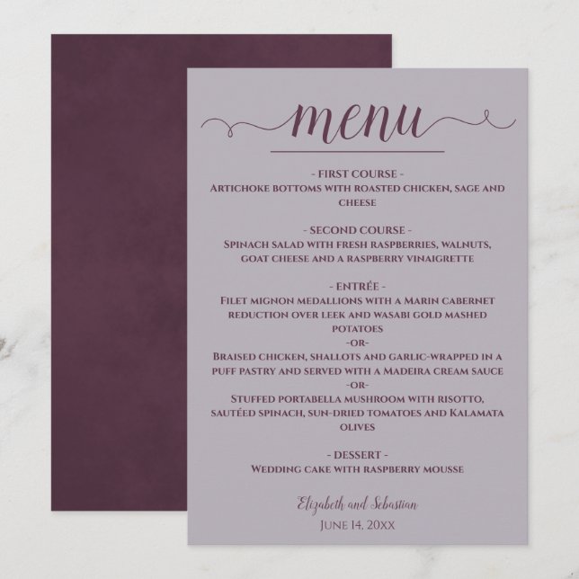 Simple Elegant Plum on Dusty Lavender Wedding Menu (Front/Back)