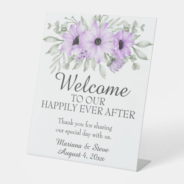 Simple Elegant Purple Floral Wedding Pedestal Sign (Front)