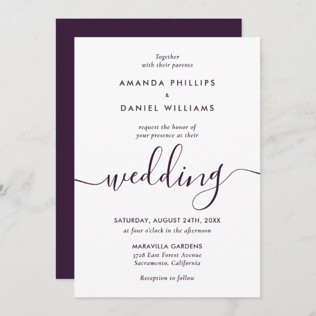 Simple Elegant Purple Modern Script Wedding Invitation (Front/Back)