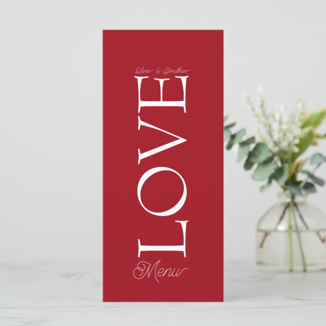 Simple Elegant Red Love Wedding Menu Card (Standing Front)
