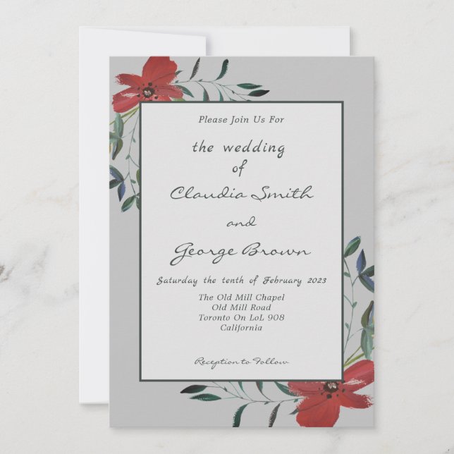 Simple & Elegant Red Poppies Light Grey Wedding Invitation (Front)