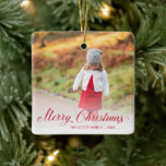 Simple Elegant Red Script Modern Christmas Ceramic Ornament<br><div class="desc">Modern typography square photo ornament featuring a simple design with "Merry Christmas" in an elegant red script along with your family name and year over your favorite full bleed picture. Add the same photo to both sides or a different one on each side. Give this ornament as a gift for...</div>