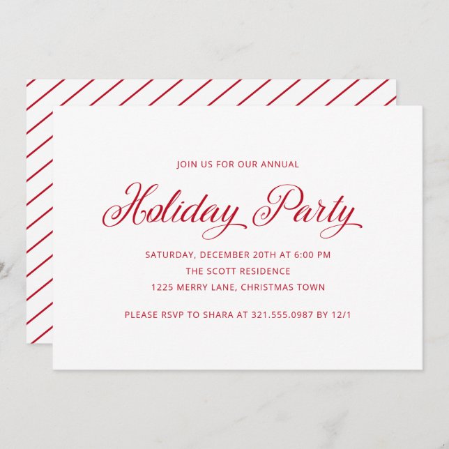 Simple Elegant Red Script Modern Holiday Party Invitation (Front/Back)