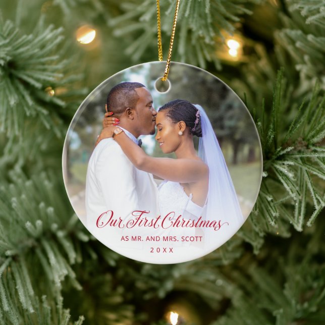 Simple Elegant Red Script Our First Christmas Ceramic Tree Decoration (Tree)