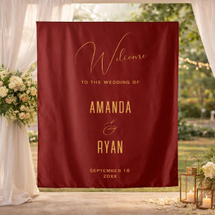 Simple Elegant Red Welcome Script Wedding Tapestry