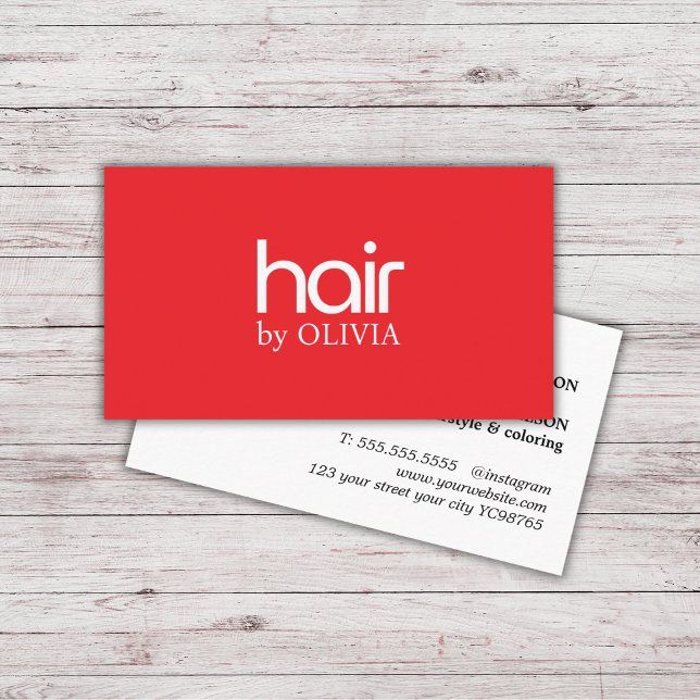 Simple Elegant Red White Hair Stylist Business Card (Creator Uploaded)