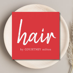 Simple Elegant Red White Hair Stylist Square Business Card