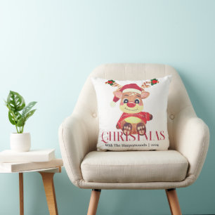 Simple Elegant Reindeer Christmas Family Name Cushion