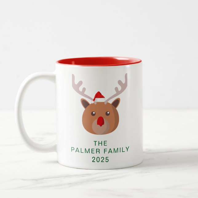 Simple Elegant Reindeer Christmas Family Name Two-Tone Coffee Mug (Left)