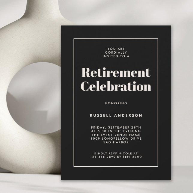 Simple Elegant Retirement Party Black Invitation (Available as both printed and paperless digital download!)
