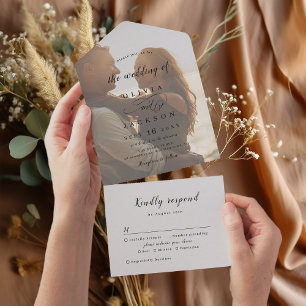 Simple elegant romantic script photo wedding all in one invitation