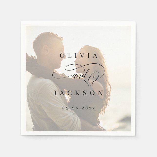 Simple elegant romantic script photo wedding napkin (Front)