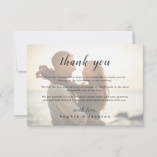 Simple elegant romantic script photo wedding thank you card (Front)