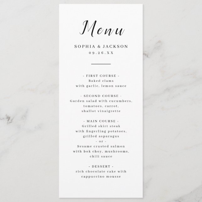 simple elegant romantic script wedding  menu (Front)