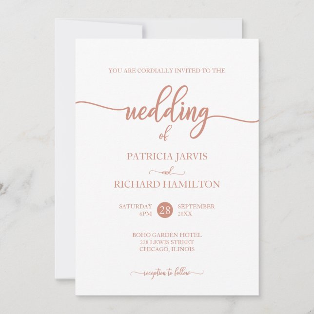 Simple Elegant Rose Gold Calligraphy Wedding Invitation (Front)