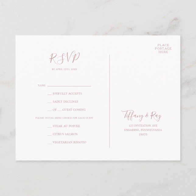 Simple Elegant Rose Gold Menu Choice RSVP Card (Back)