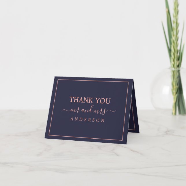 Simple Elegant Rose Gold Navy Blue Wedding Photo Thank You Card (Front)