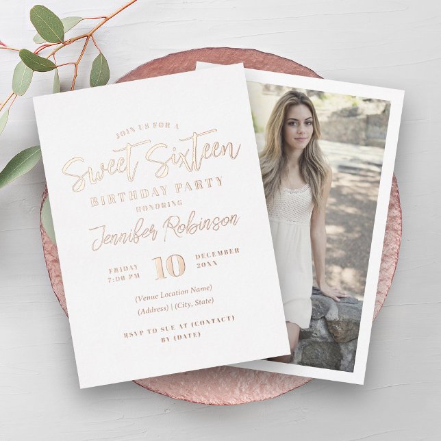 Simple Elegant Rose Gold Photo Sweet 16 Sixteen  (Simple Elegant Rose Gold Photo Sweet 16 Sixteen Foil Invitation)
