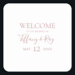 Simple Elegant Rose Gold Wedding Welcome Square Sticker<br><div class="desc">This simple elegant rose gold wedding welcome square sticker is perfect for your classic modern minimalist rose gold wedding. Design features classic vintage minimal chic contemporary blush gold font and delicate romantic formal calligraphy. It's excellent for spring, summer, fall, or winter luxury weddings. Keep it as is, or choose to...</div>