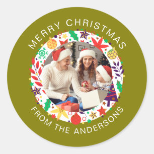 Simple Elegant Round Christmas Photo Family Name Classic Round Sticker