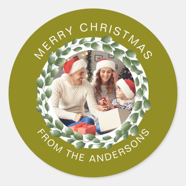 Simple Elegant Round Christmas Photo Family Name Classic Round Sticker (Front)